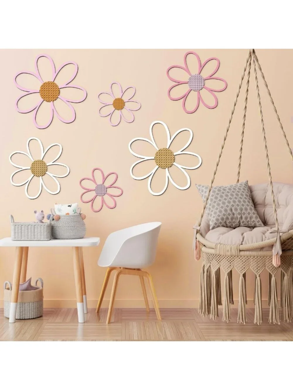 6 Pcs Wooden Daisy Wall Decor - Floral Art Hanging Plaques for Home & Nursery